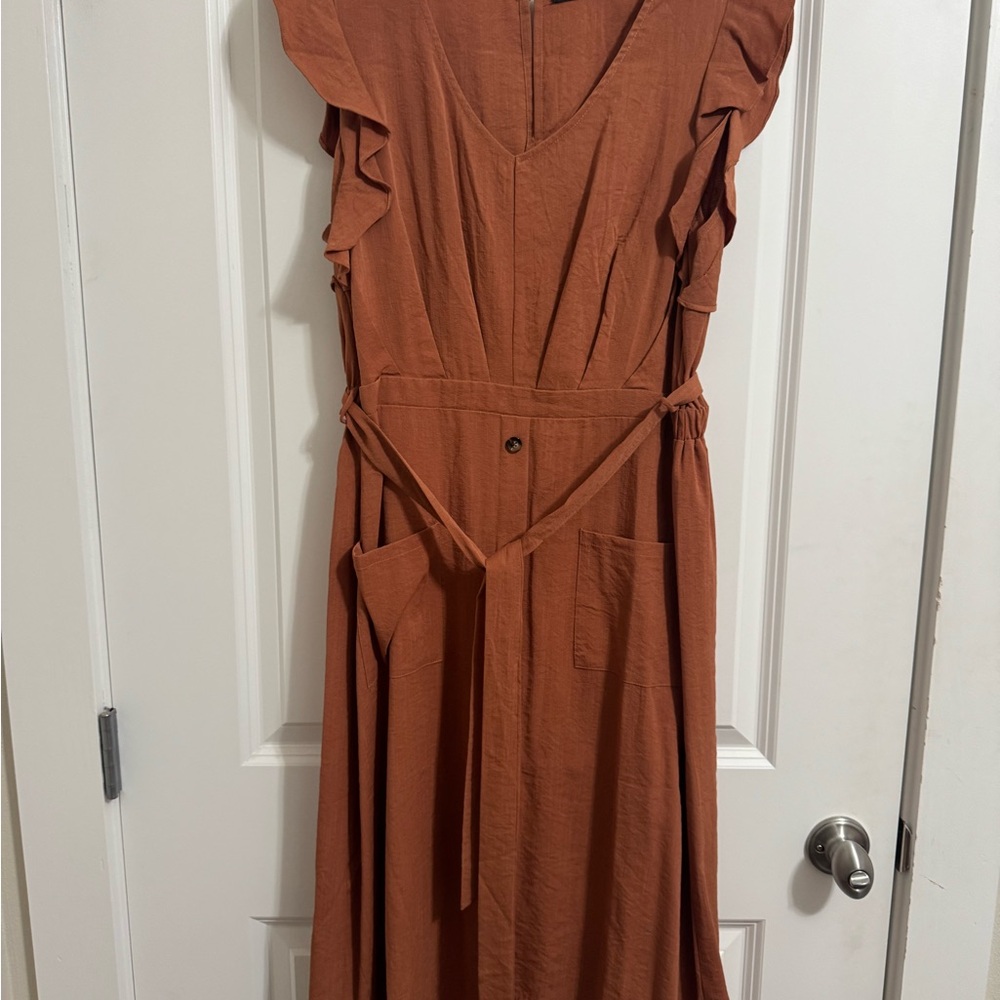 Doe & Rae burnt Orange Wrap Dress with Flutter Sleeves and V-Neck